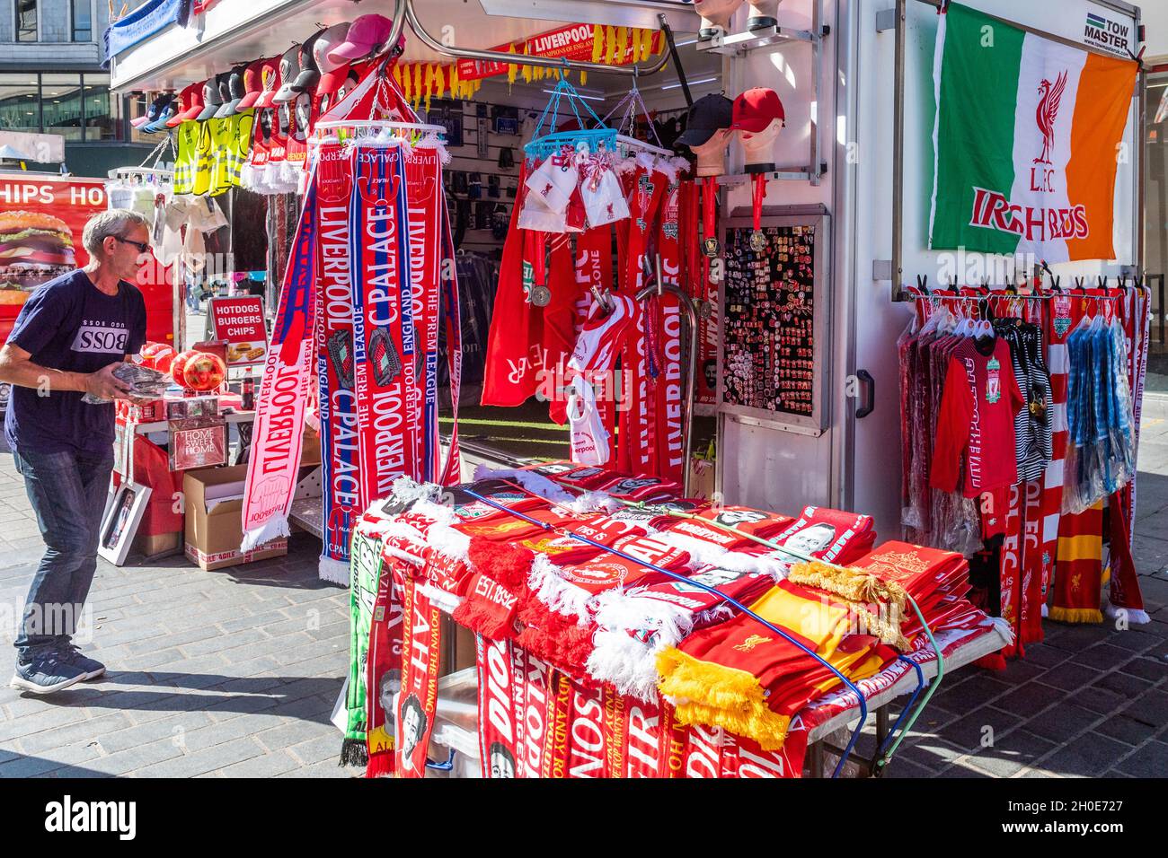 Liverpool FC merchandise stall in Liverpool city centre, Merseyside, UK. Stock Photo