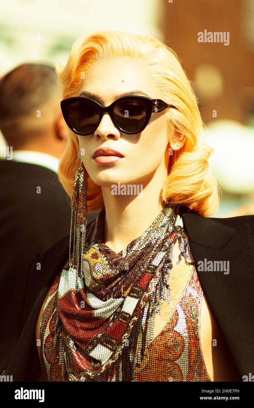 Miss Fame arriving at the Etro fashion show during the Milan Fashion Week - Spring / Summer 2022 on September 23, 2021 in Milan, Italy. Stock Photo