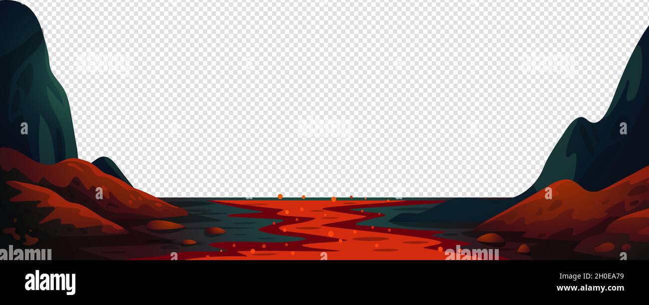 Lava river, fantasy landscape with red fire river. Vector illustration