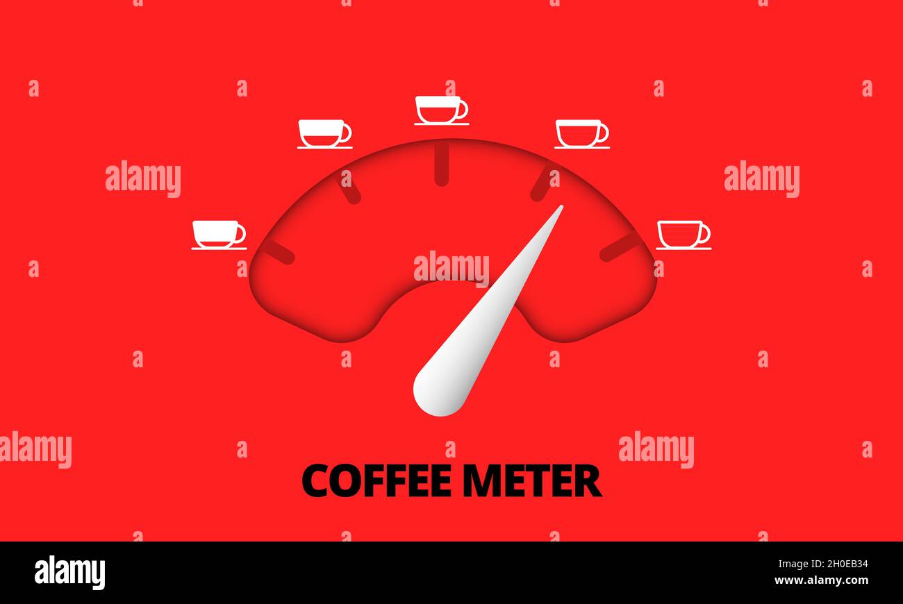 Coffee indicator, scale and arrow with white coffee cup on red background. Coffee thermometer, caffeine passion scales, measurement gauge for coffee. Stock Vector