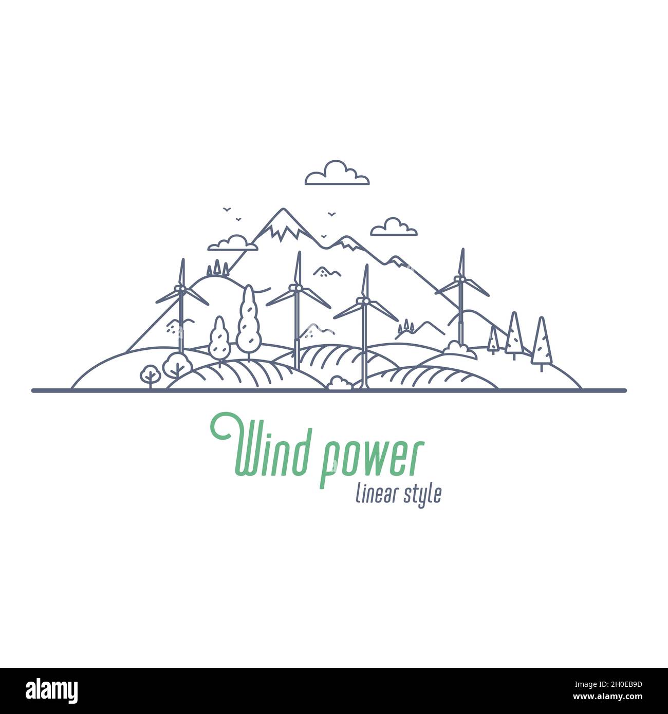 Wind power concept thin line vector illustration. Windmill energy as an alternative electricity resource. Outline style vector illustration on white Stock Vector