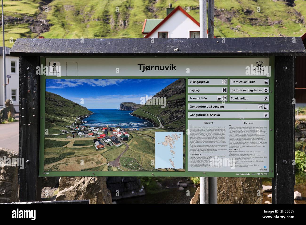 Tourist information sign in Tjornuvik, Streymoy Island, Faroe Islands,Scandinavia, Europe. Stock Photo