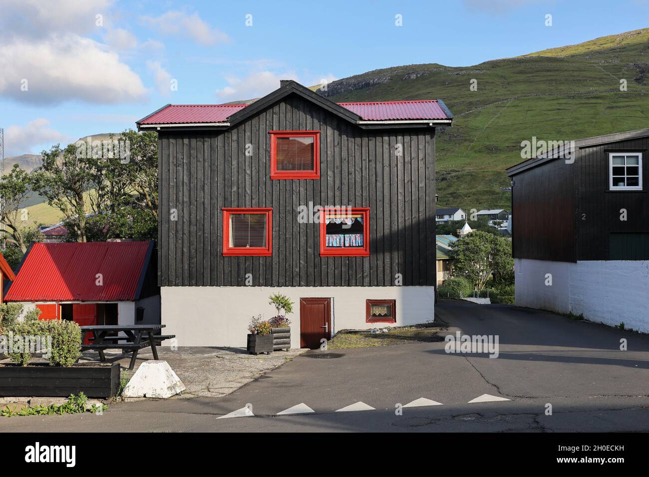 Traditional wooden house in the village of Sorvagur, Vagar Island, Faroe Islands,Europe. Stock Photo