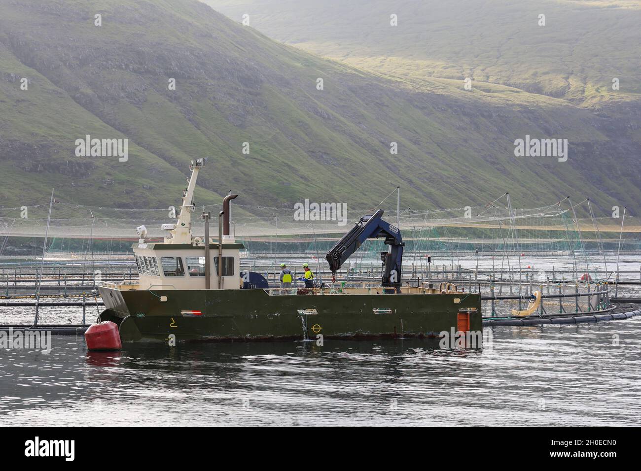 Salmon farming in the bay of Vestmanna, Streymoy Island, Faroe Islands, Scandinavia,Europe. Stock Photo