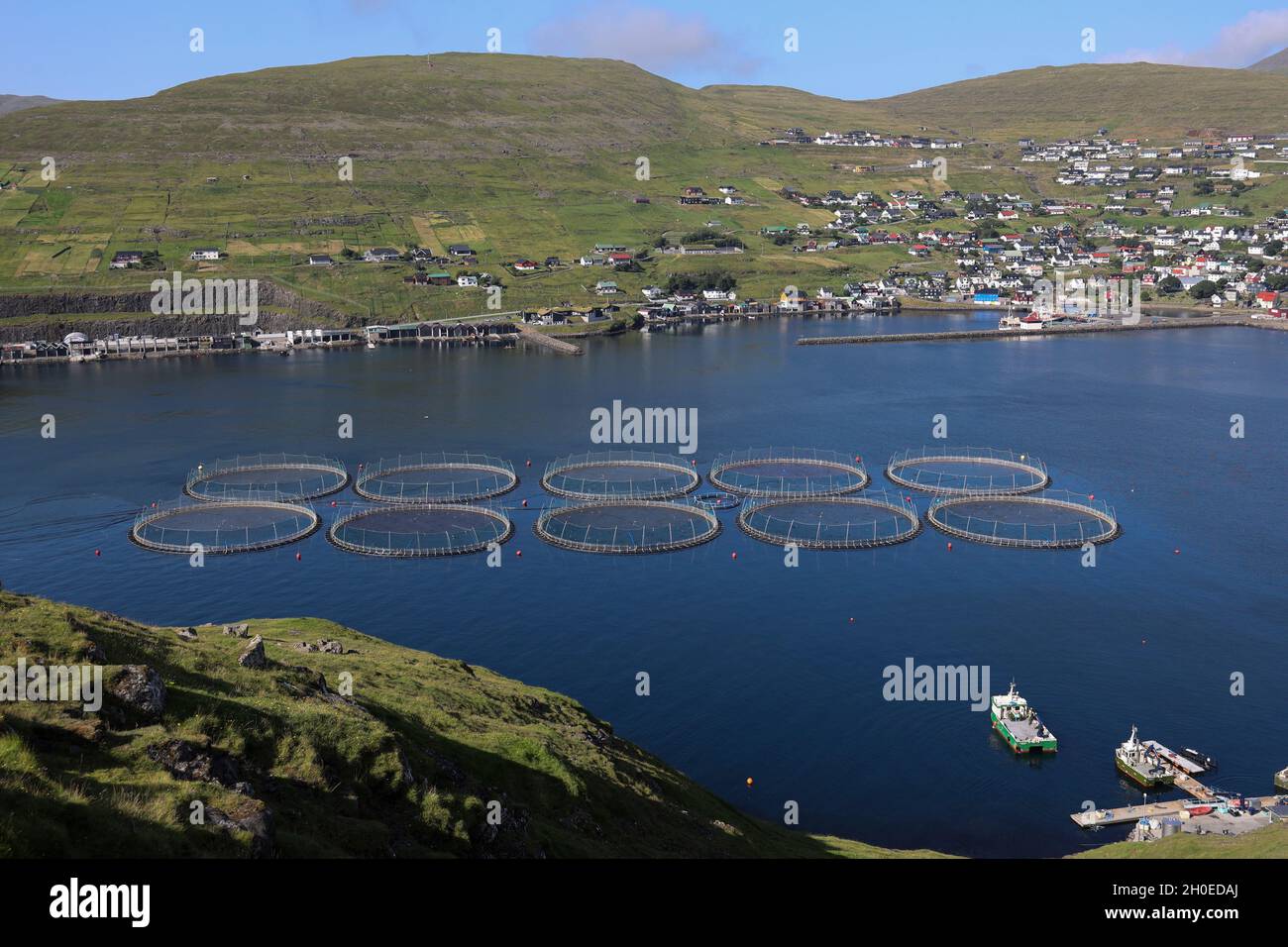 Aerial view of salmon farm and Vestmanna village, Streymoy Island, Faroe Islands, Scandinavia,Europe Stock Photo