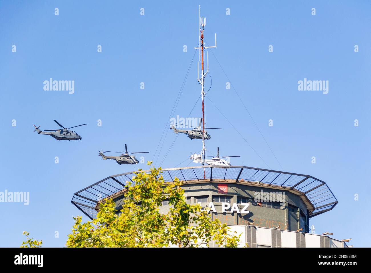 The aircraft of the Spanish Air Force participate in the air parade for the National Day of October 12. In Europe. Helicopters, seaplanes, fighters, a Stock Photo