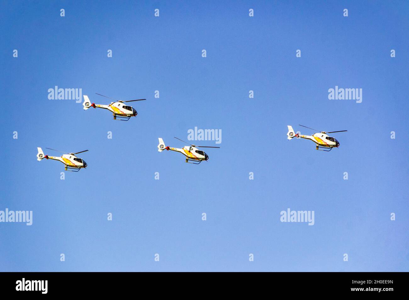 The aircraft of the Spanish Air Force participate in the air parade for the National Day of October 12. In Europe. Helicopters, seaplanes, fighters, a Stock Photo