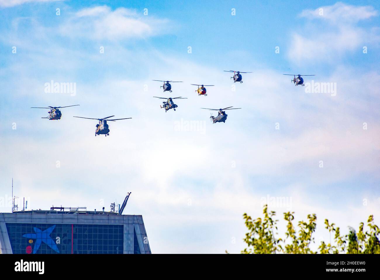 The aircraft of the Spanish Air Force participate in the air parade for the National Day of October 12. In Europe. Helicopters, seaplanes, fighters, a Stock Photo