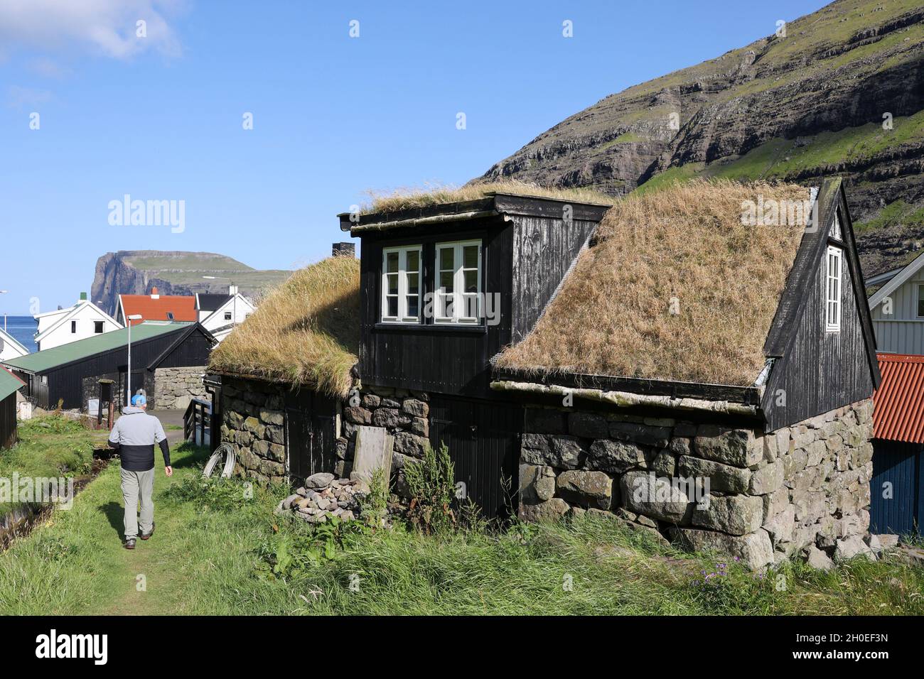 Tradiitional grass roof house in Tjornuvik, Streymoy Island, Faroe Islands,Scandinavia,Europe Stock Photo