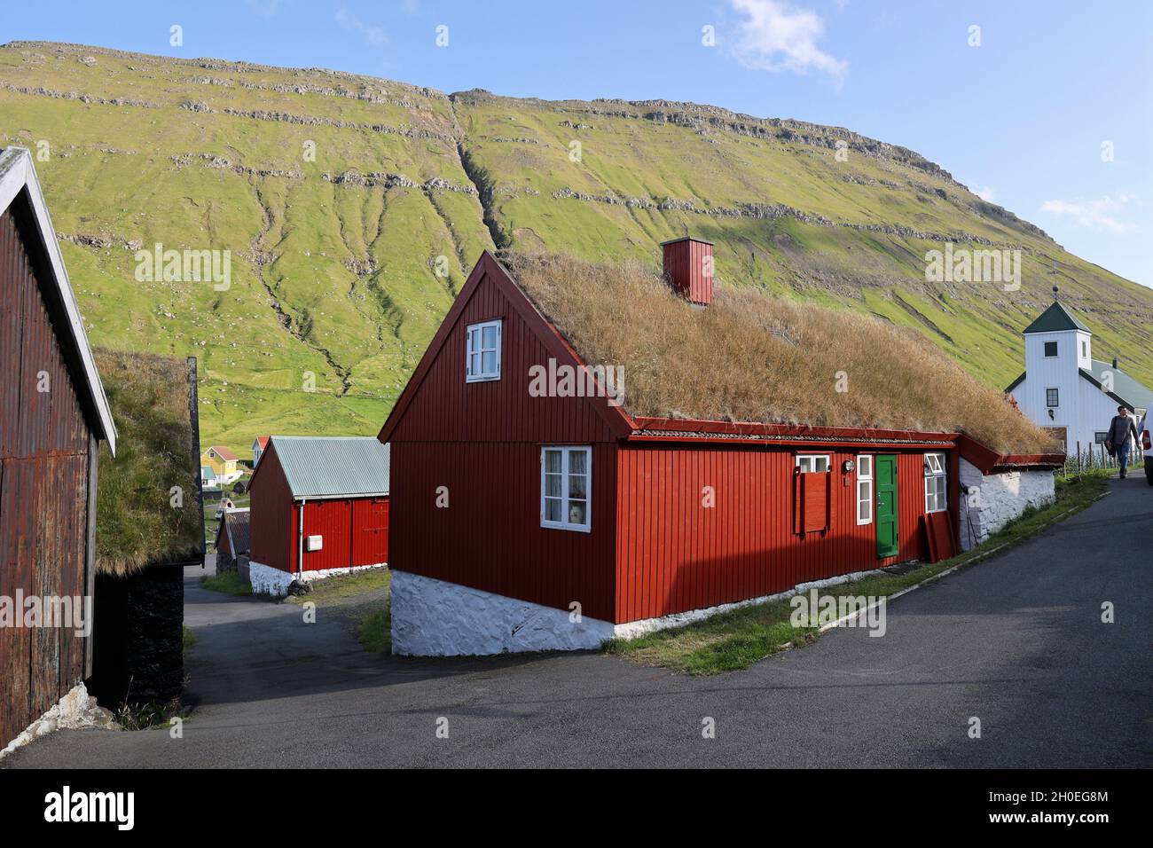 Traditional grass roof house in Elduvik, Eysturoy Island, Faroe Islands, Scandinavia, Europe Stock Photo