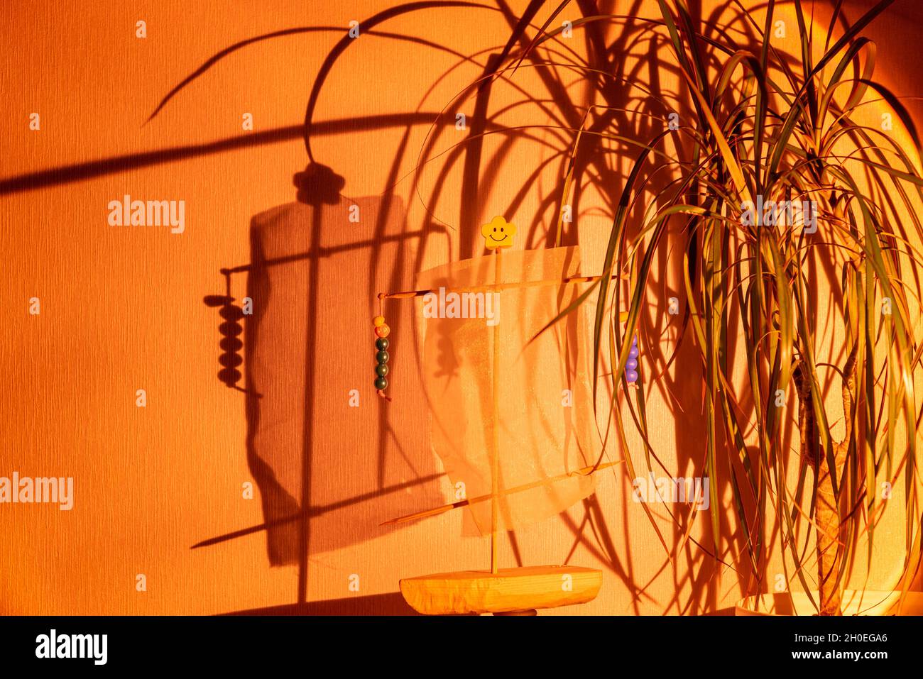 Directed spotlight beam illuminates plant against grey wall Stock Photo