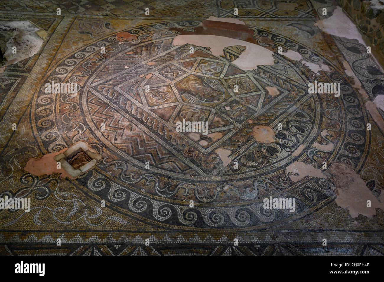 Plovdiv, Bulgaria. Interior of Trakart Cultural Center. Roman floor mosaics from III - IV century AD. Ancient mosaics Eyrene in old Philippopolis. Stock Photo