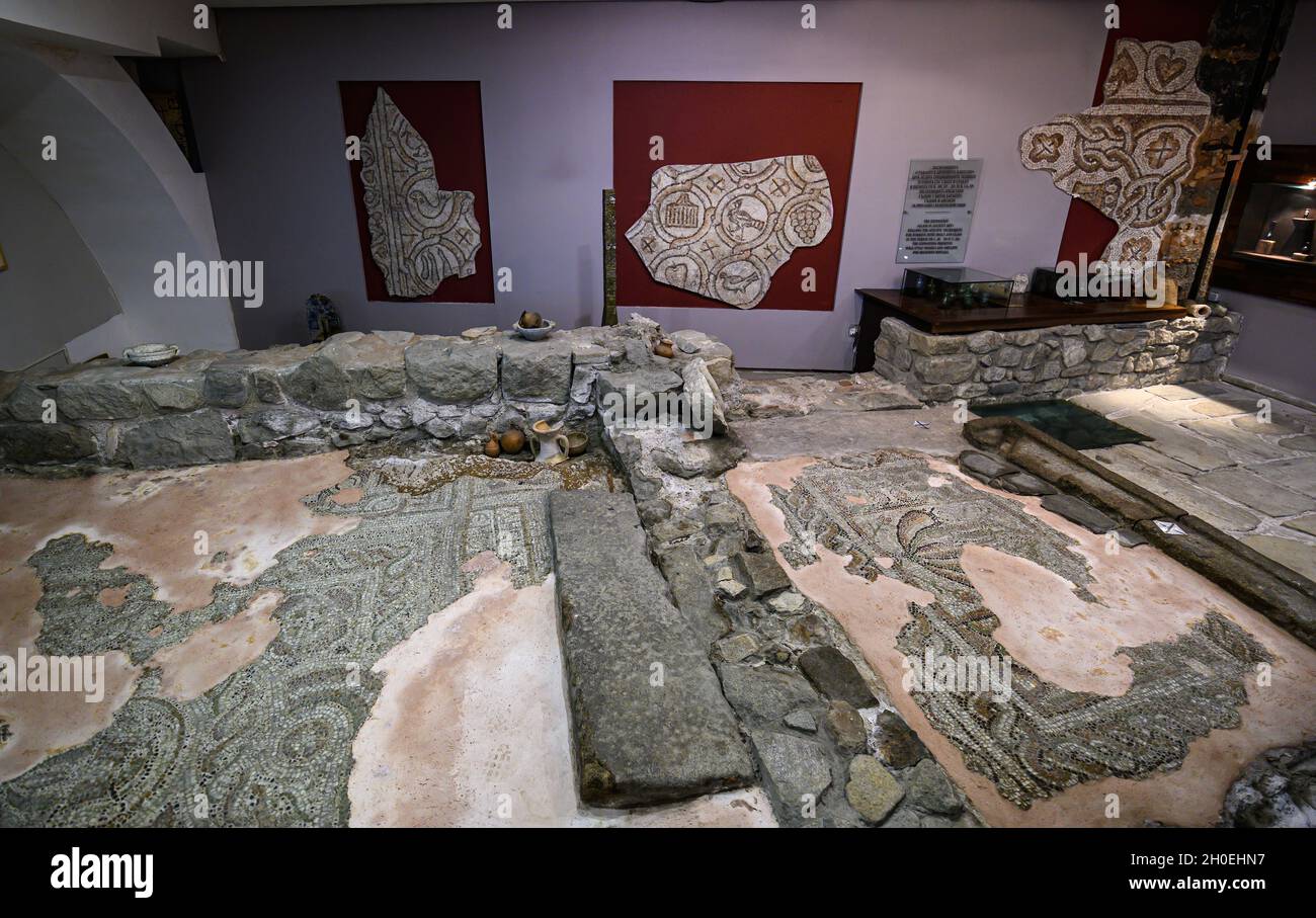 Plovdiv, Bulgaria. Interior of Trakart Cultural Center. Roman floor mosaics from III - IV century AD. Ancient mosaics Eyrene in old Philippopolis. Stock Photo