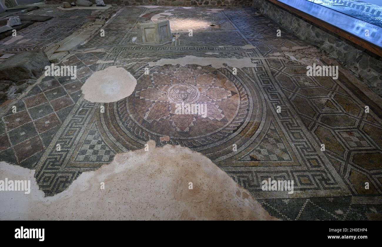 Plovdiv, Bulgaria. Interior of Trakart Cultural Center. Roman floor mosaics from III - IV century AD. Ancient mosaics Eyrene in old Philippopolis. Stock Photo