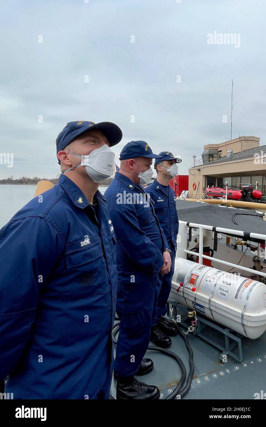 WASHINGTON D.C. (Feb. 12, 2021) — The command of USCGC Hawk (WPB 87355), prepares to receive members of the Colombian Embassy to discuss Coast Guard operations aboard Hawk (WPB 87355) on the Potomac River in Washington D.C. on Feb. 12, 2021. The visit provided an opportunity for familiarization with U.S. Coast Guard sea-service operations and ships. Hawk is an 87-foot Marine Protector-Class patrol boat home-ported in Virginia Beach, Virginia, with a crew of 12. Stock Photo