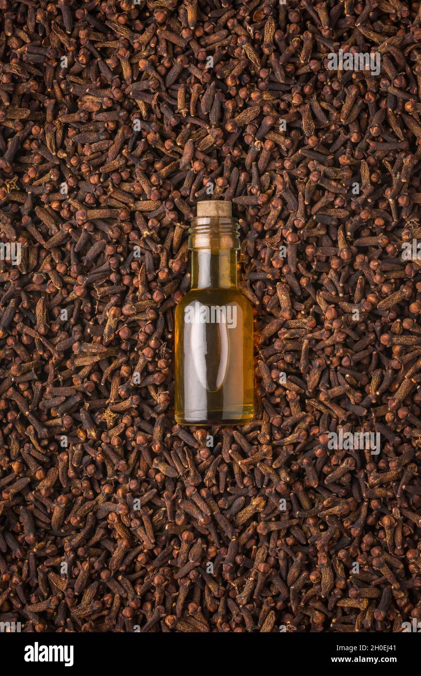 glass bottle of clove oil with dry cloves, aromatic spice and herb with