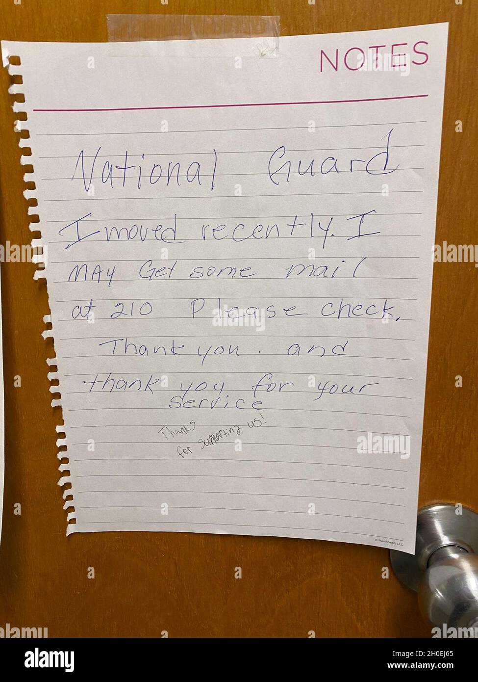 A note is displayed from a resident at Sayre Christian Village, a long term healthcare facility, to Kentucky National Guard Soldiers, Lexington, Ky., 12 Feb. Kentucky Gov. Andy Beshear directed troops to supplement long term healthcare facilities in COVID 19 hot spots throughout Kentucky. Stock Photo