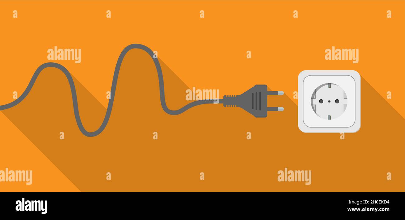 plug with cable and socket on orange wall, vector illustration Stock Vector