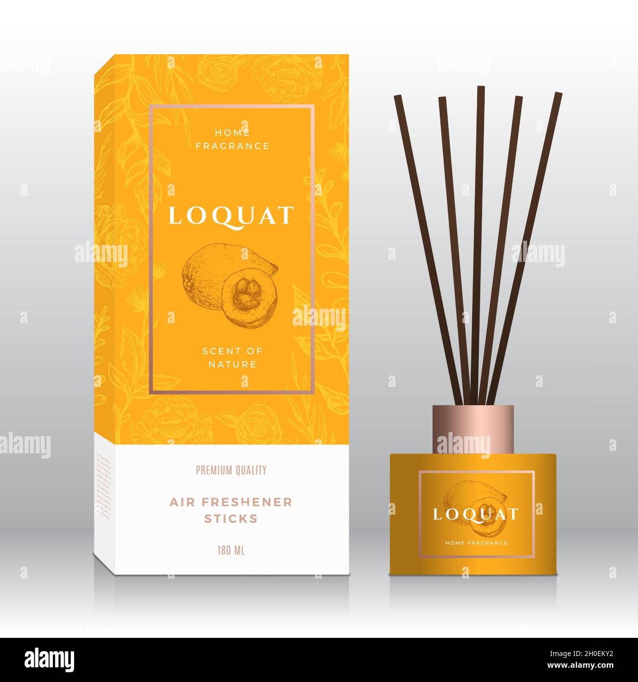 Loquat Home Fragrance Sticks Abstract Vector Label Box Template. Hand Drawn Sketch Flowers, Leaves Background. Retro Typography. Room Perfume Stock Vector