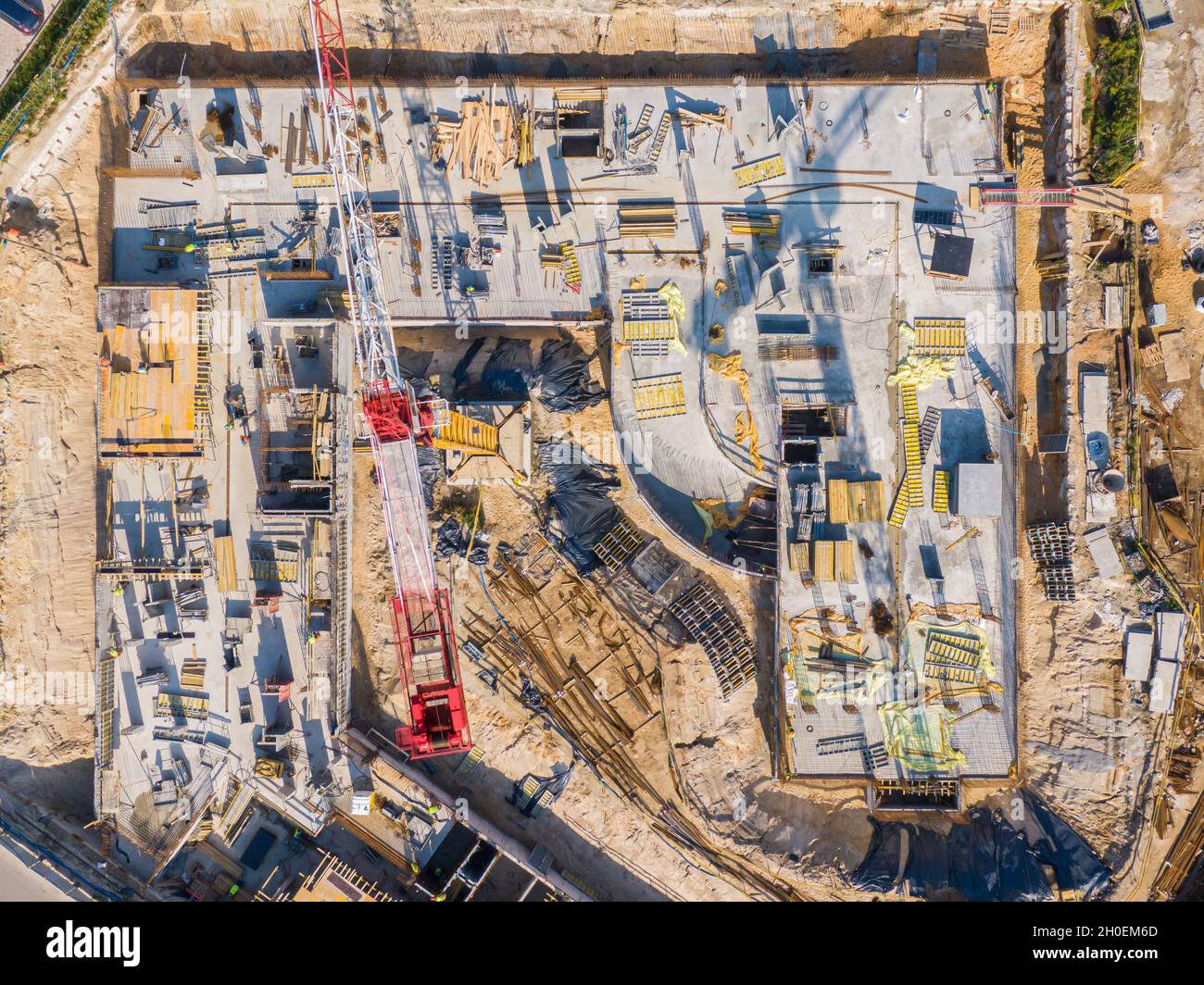 aerial top view of new modern apartment building under construction ...