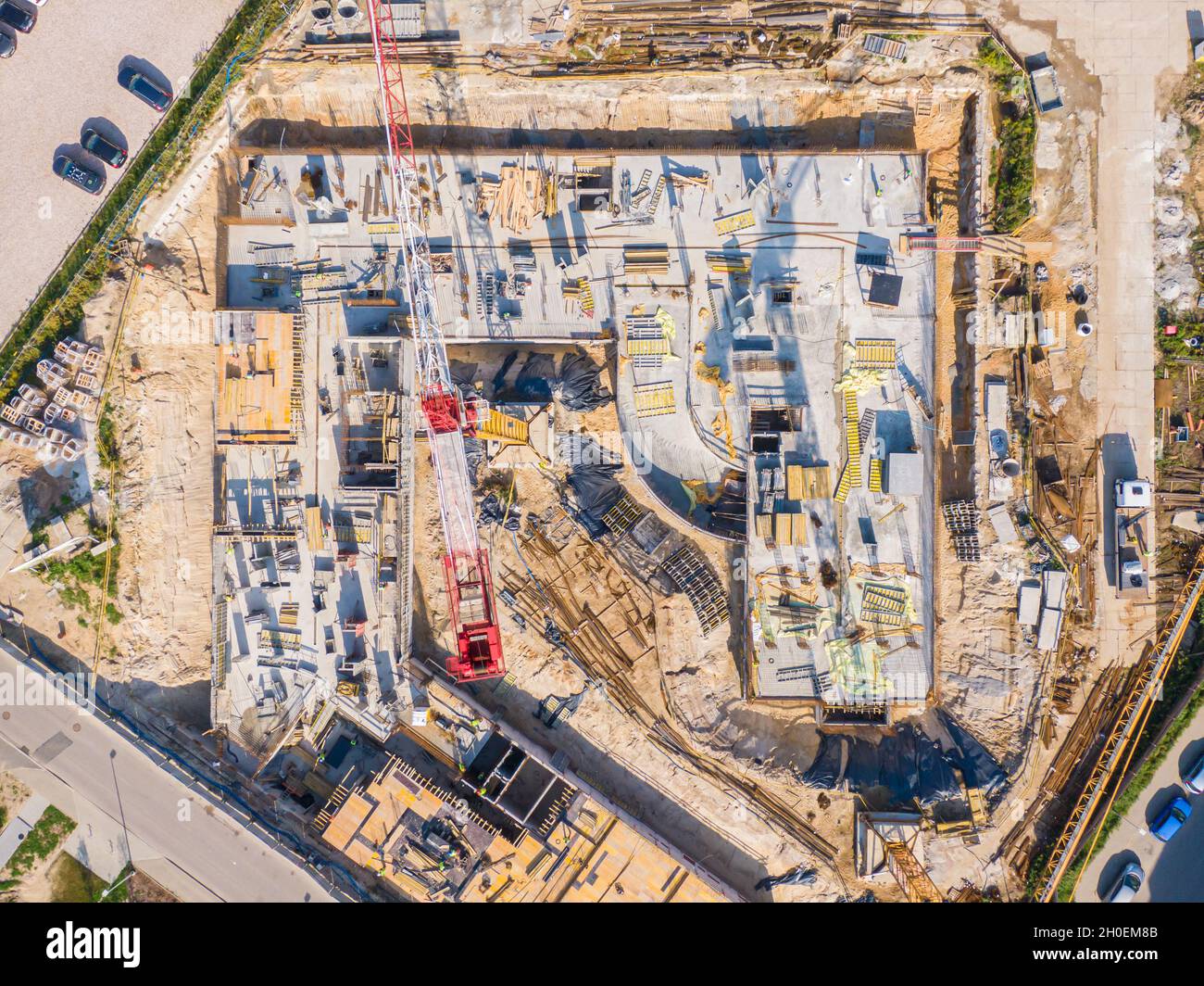 aerial top view of new modern apartment building under construction ...