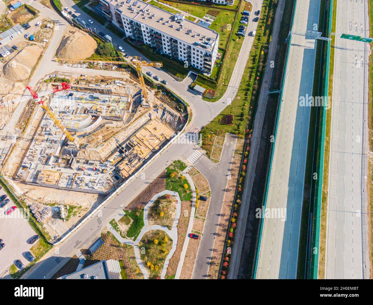 aerial top view of new modern apartment building under construction ...