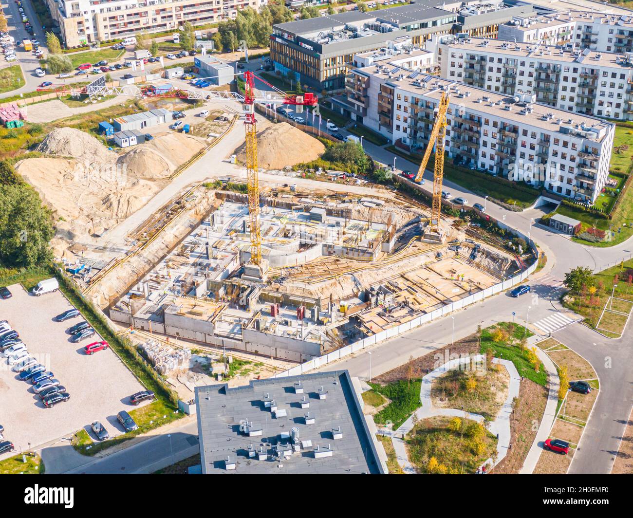 aerial top view of new modern apartment building under construction ...