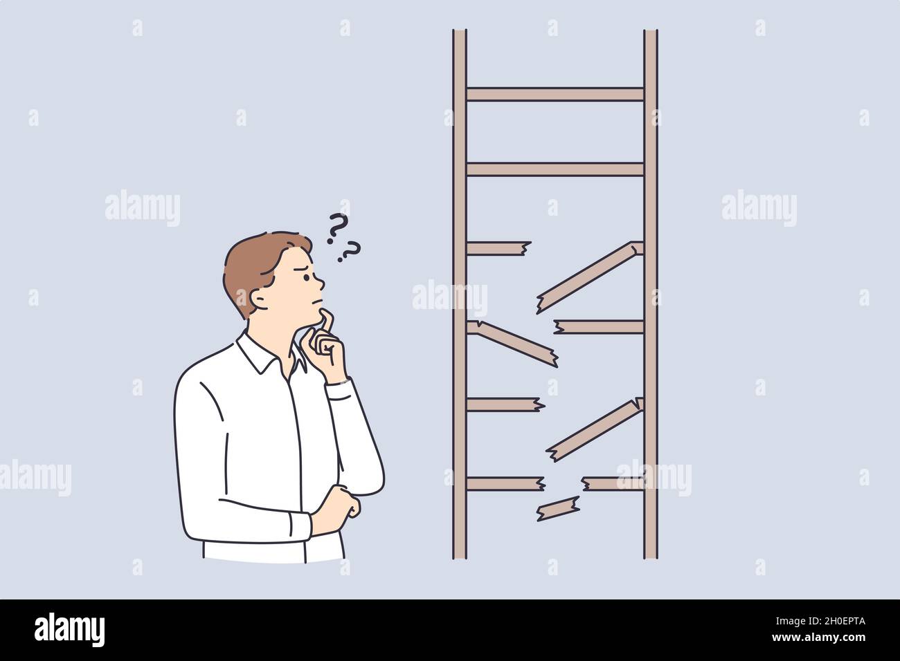 Frustration, business strategy, doubt concept. Young frustrated businessman cartoon character standing looking at broken ladder feeling not confident vector illustration  Stock Vector
