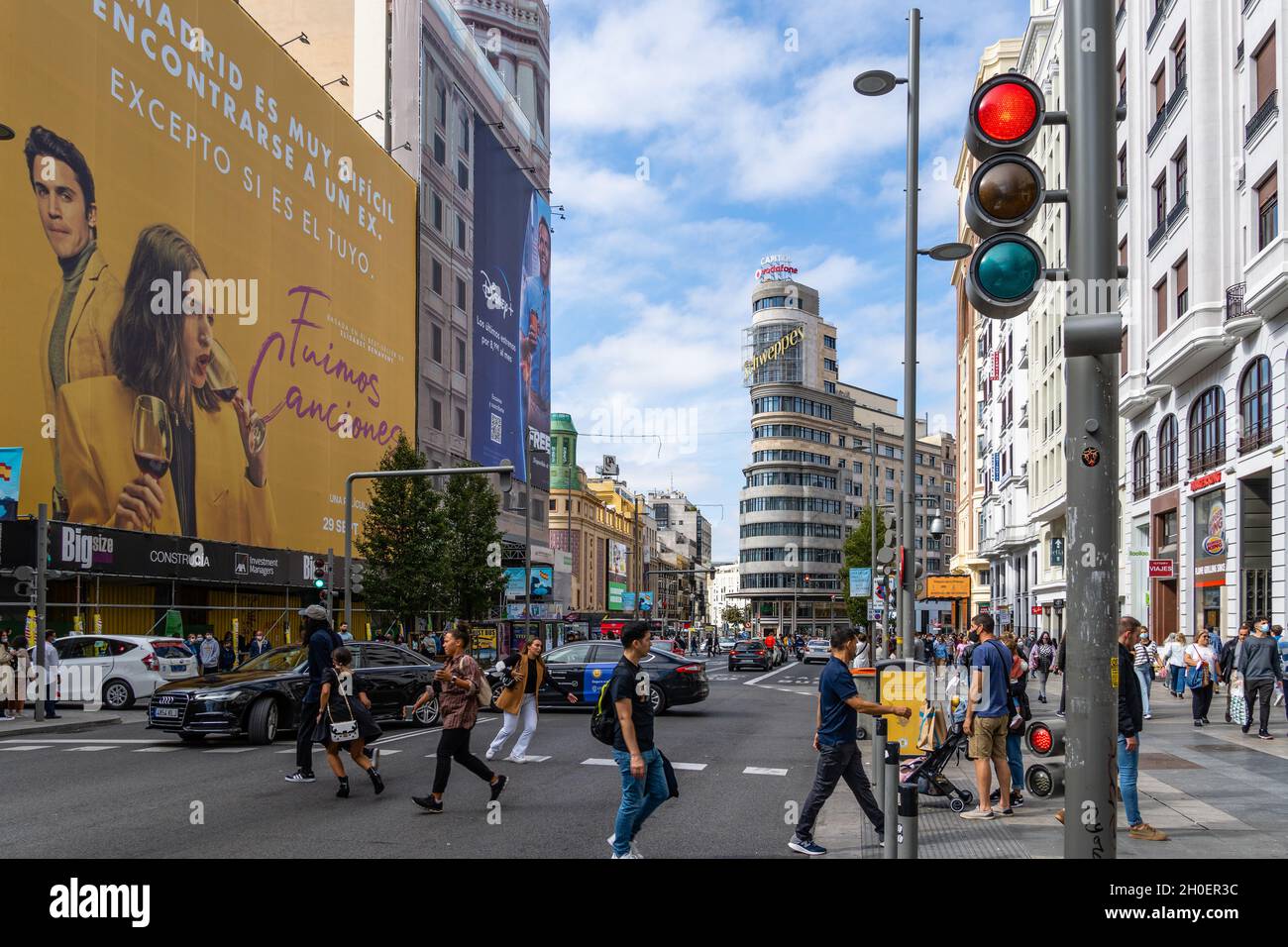 Madrid, Spain - October 10, 2021: Busy Street Scene in Gran Via Avenue in the Square of Callao Stock Photo