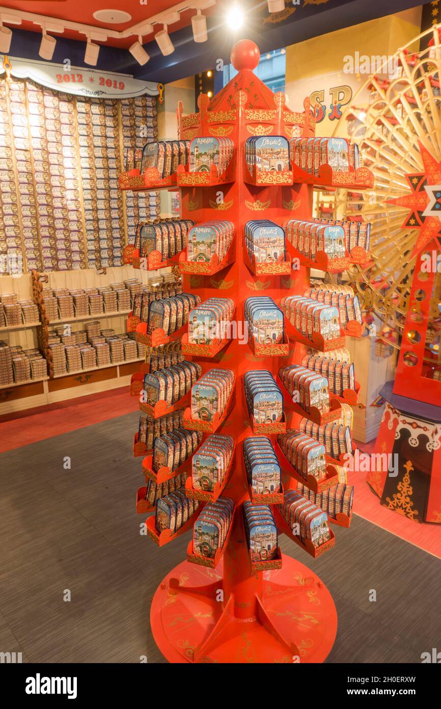 Inside shop with canned fish, Mundo Fantástico da Sardinha, selling canned fish to tourists in Porto, Portugal. Stock Photo