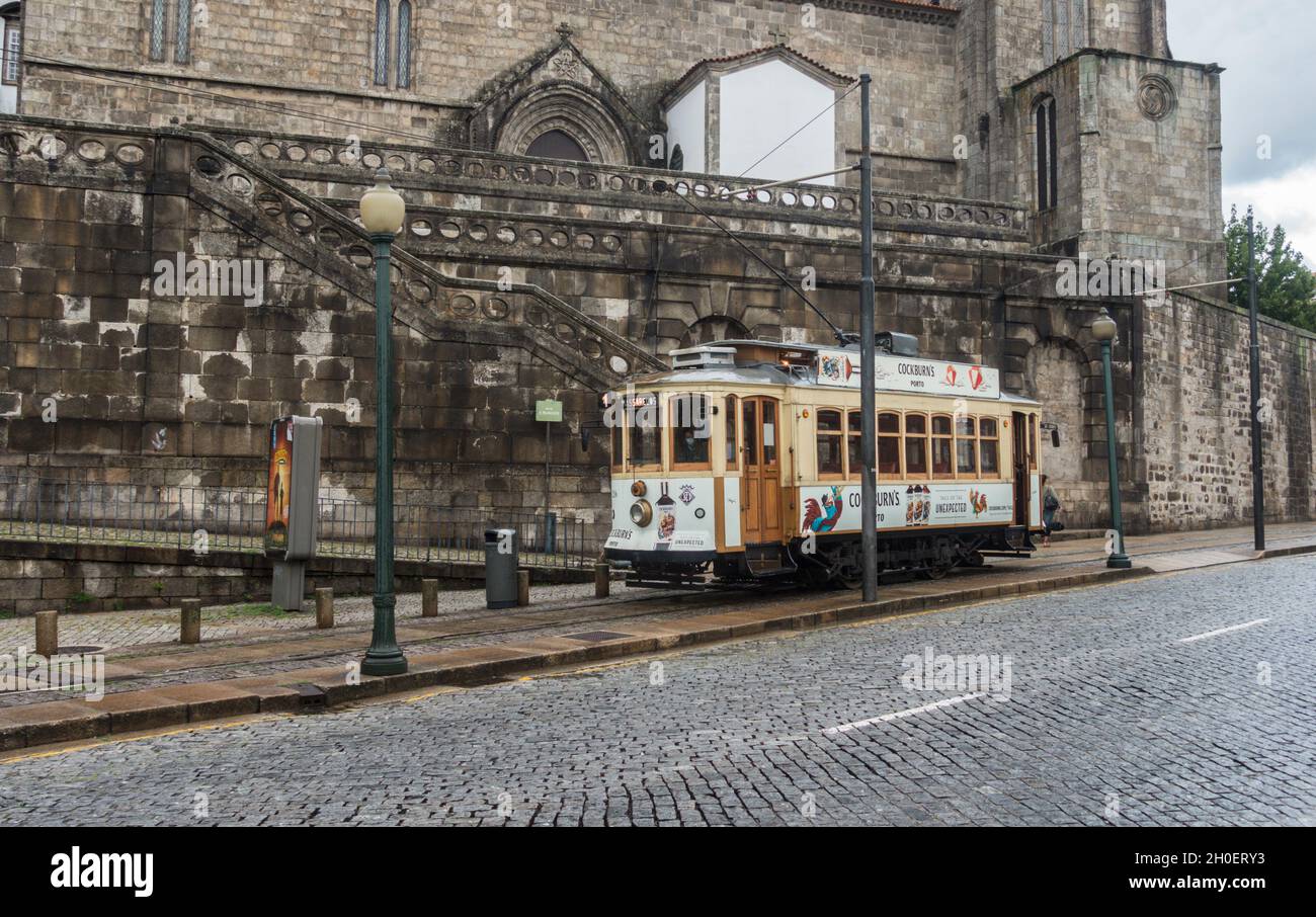 Traditional historic tram, Porto centre, Portugal. Stock Photo