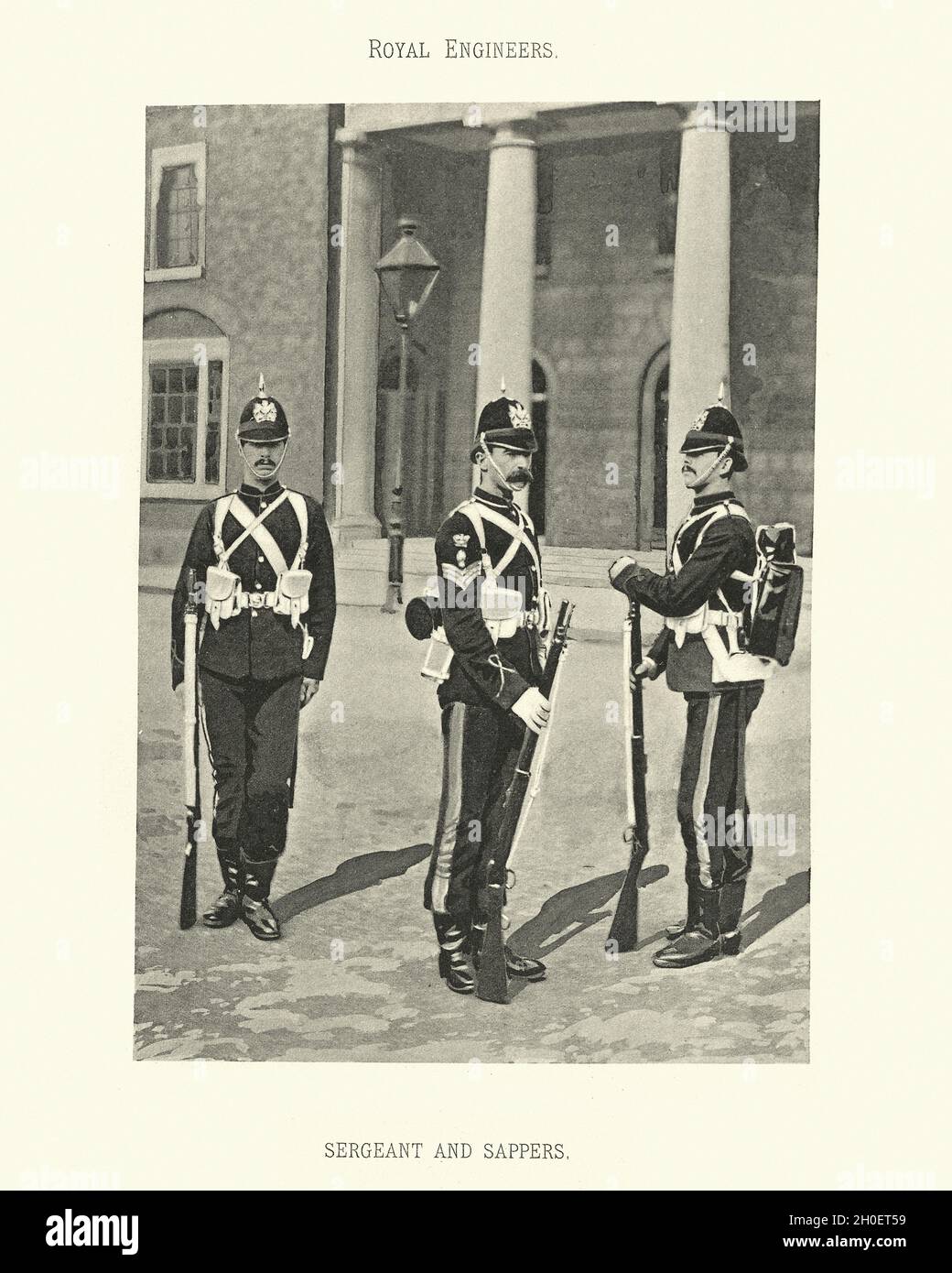 Vintage photogrtaph of Sergeant and sappers, British army Royal Engineers, Military uniform, Victorian 19th Century Stock Photo