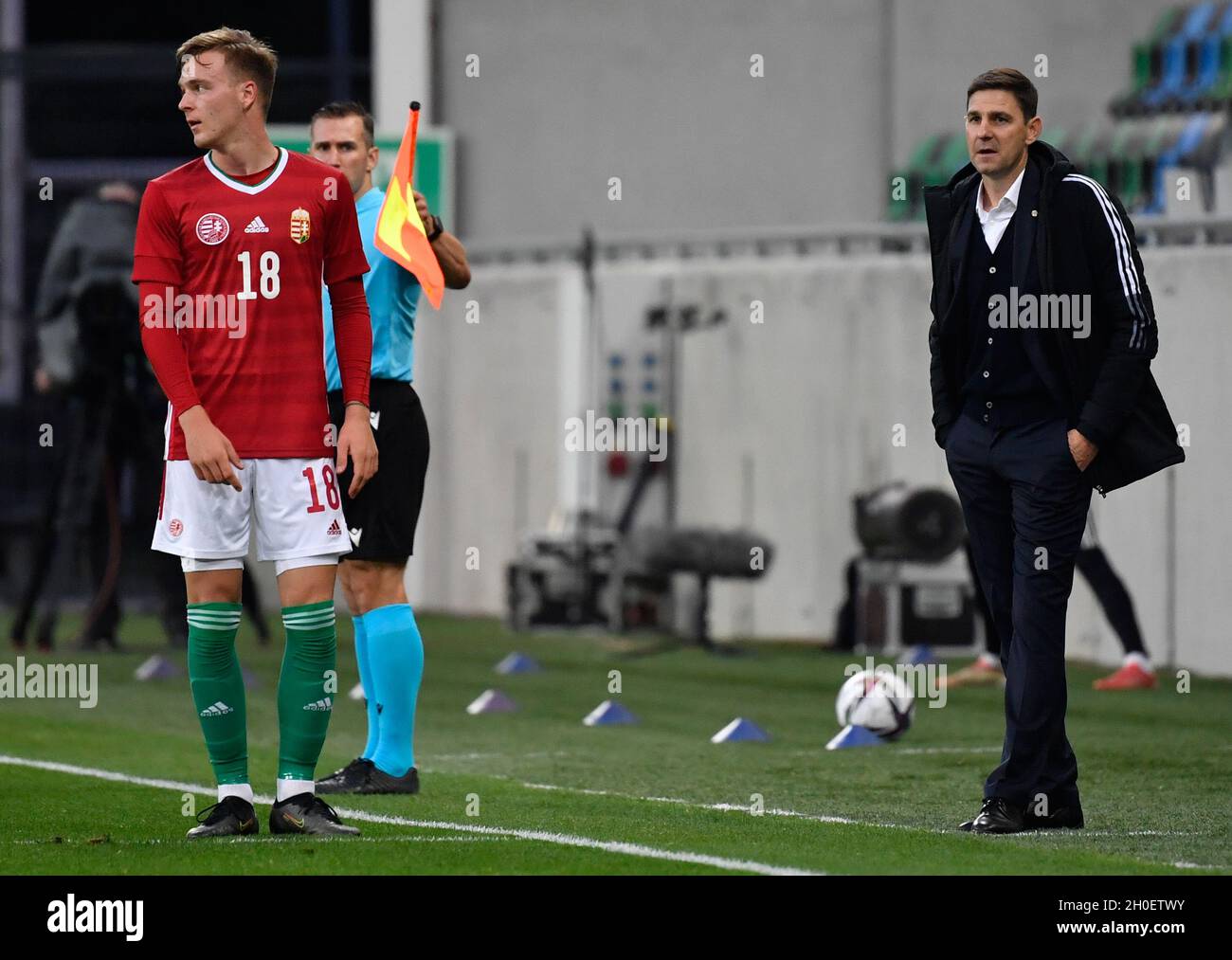 Szeged, Hungary. 12th Oct, 2021. Football: U21, European Championship  Qualification, Hungary - Germany at the Szent Gellert Forum. Hungary's  coach Zoltan Gera (r) watches Hungary's Dominik Csontos (l) on the  sidelines. Credit: