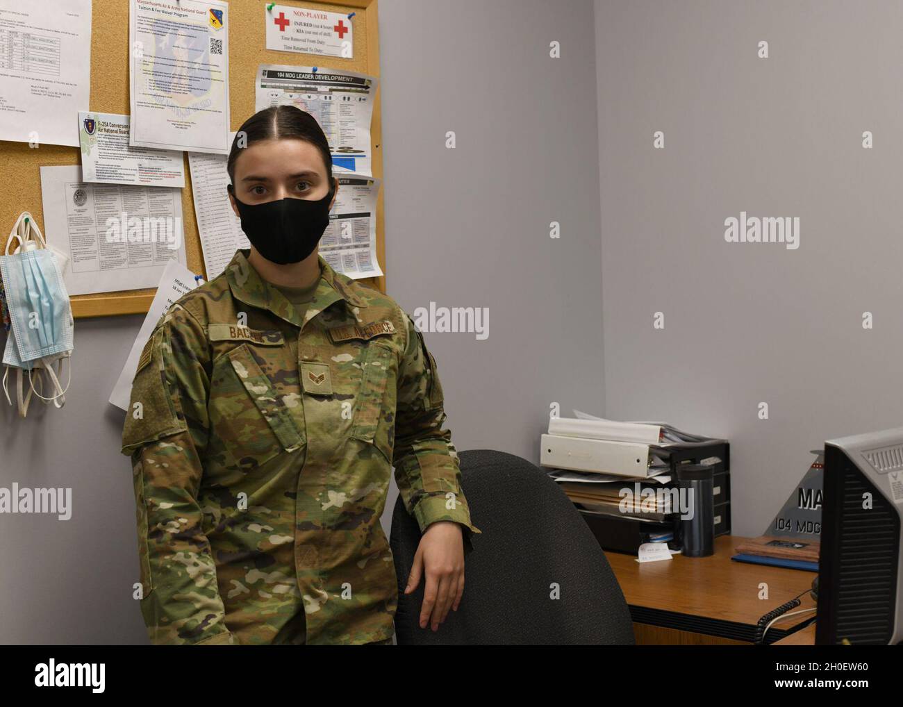 Senior Airman Weronika Baczek, public health technician, 104th Medical Group, poses for a photo, in her office at Barnes Air National Guard Base, Massachusetts, Feb. 17, 2021. Contact tracing is critical for safeguarding 104th Fighter Wing mission readiness and the health of our Barnestormers and surrounding communities from COVID-19. Stock Photo