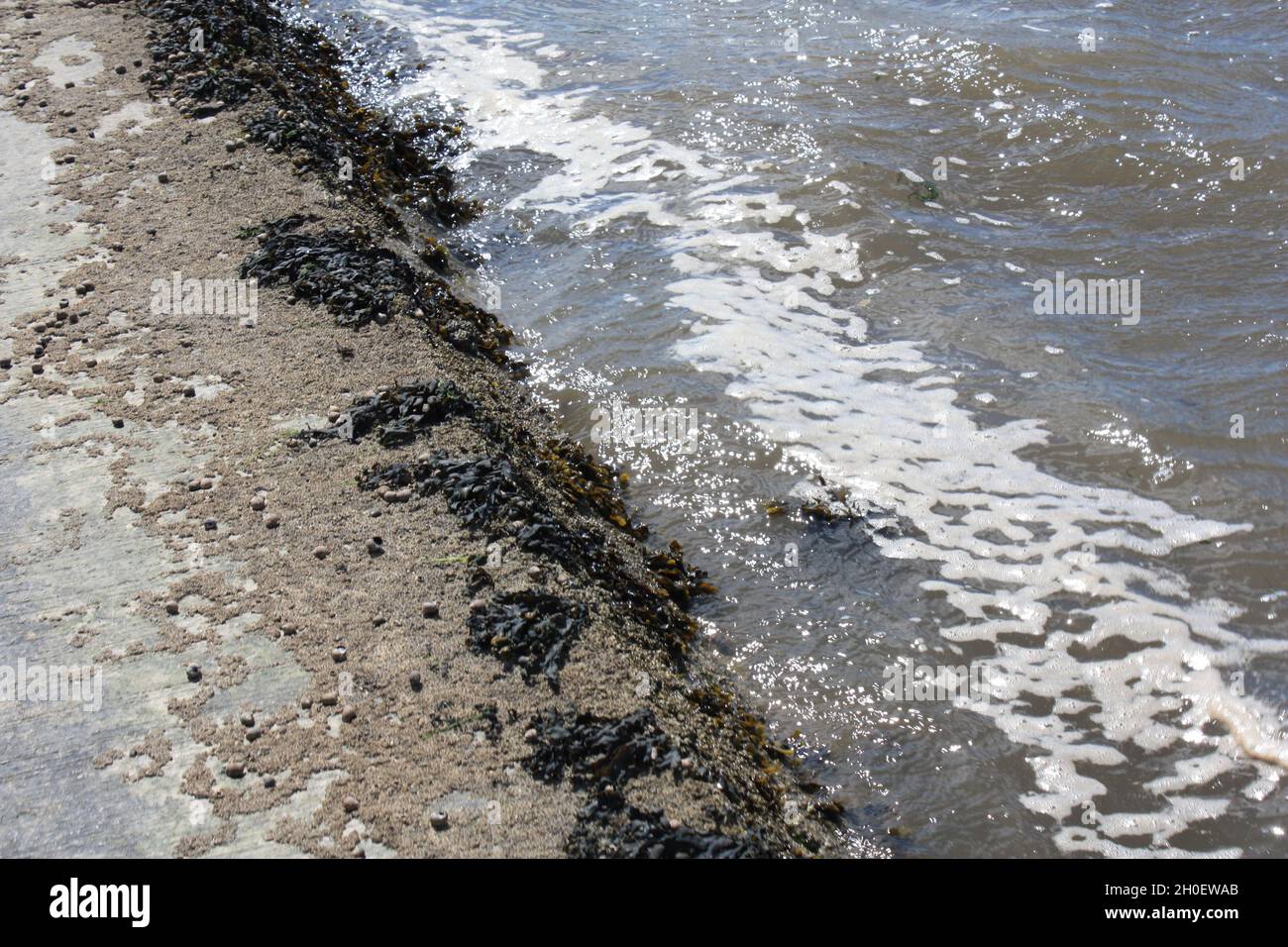 A wave with sea foam crashes upon the coast of Scotland. Stock Photo