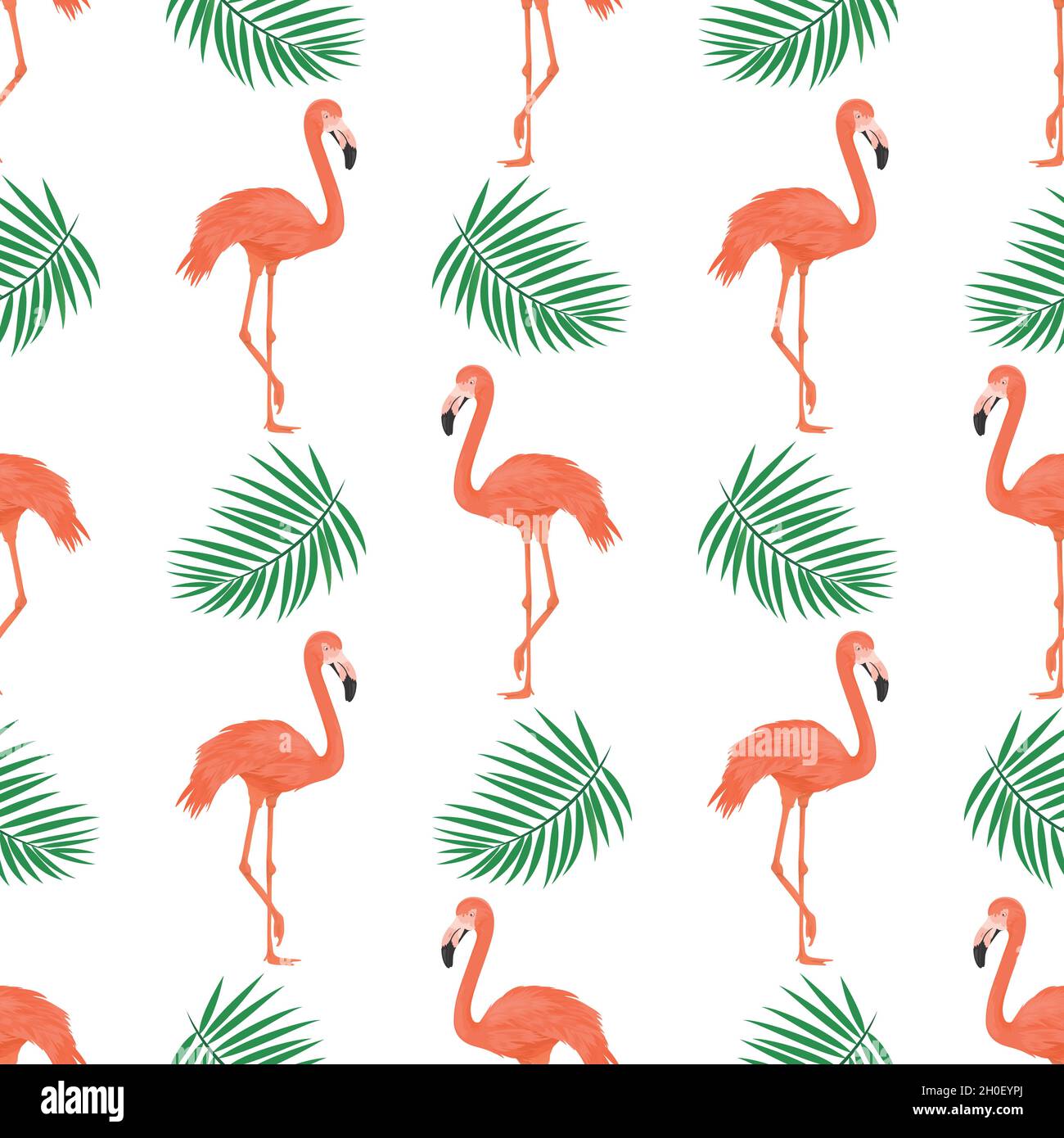 Seamless Pattern with Flamingo Bird and Tropical Leaves. Repeated Tropical Background. Flat Vector Illustration. Africa, Savannh, Exotic, Summer Stock Vector