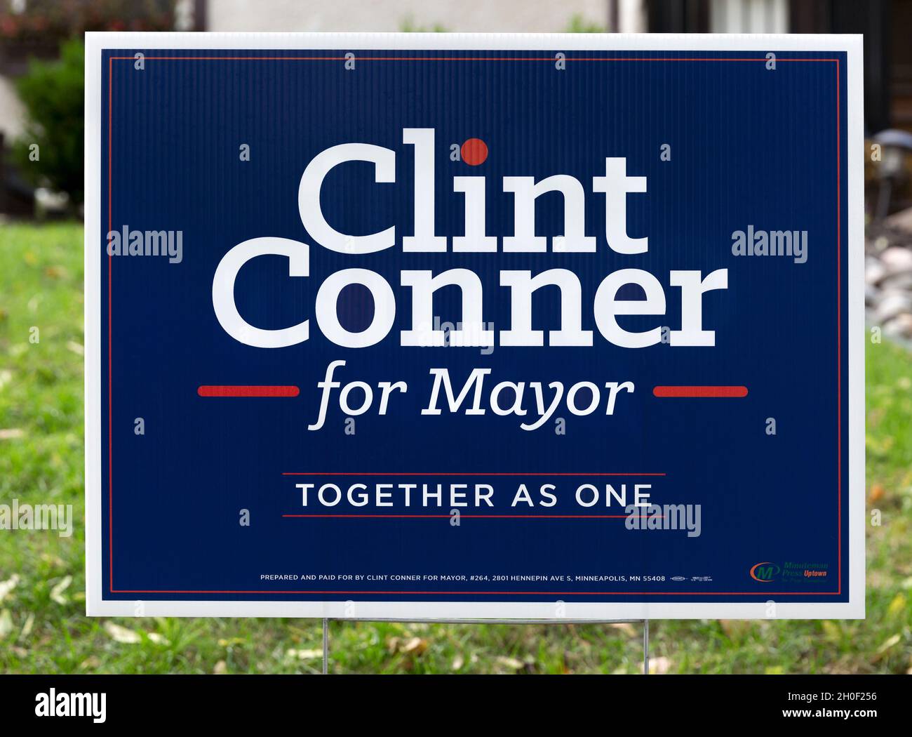 Political election yard sign for Clint Conner for mayor of Minneapolis, Minnesota with the slogan of Together as One Stock Photo