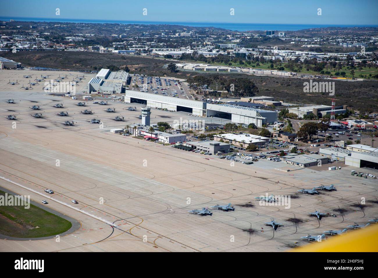 An aerial view of the flight line on Marine Corps Air Station Miramar, San  Diego, California, Feb. 22, 2021. MCAS Miramar is home to more than 15,000  service members and their families,