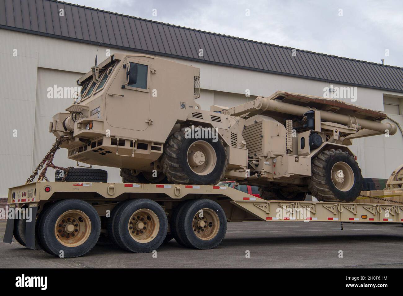A Hydrema 910 mine clearing vehicle is weighed on February 23, 2021 as part  of a joint airlift inspection at Joint Base Charleston, South Carolina in  support of Exercise Patriot Sands.Exercise PATRIOT