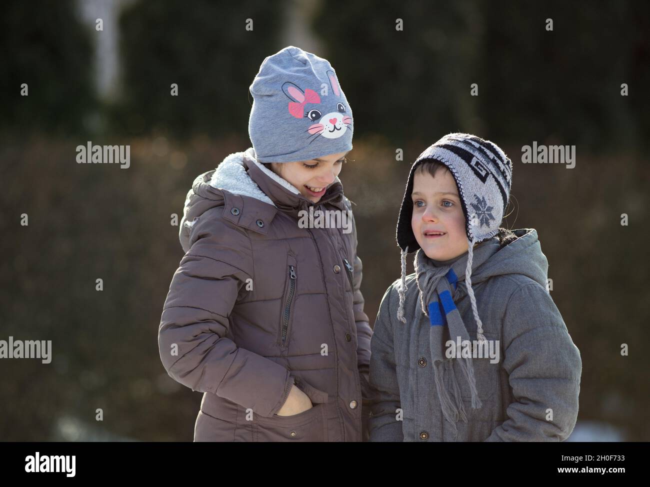 Brother and sister playing in park on snow Stock Photo - Alamy