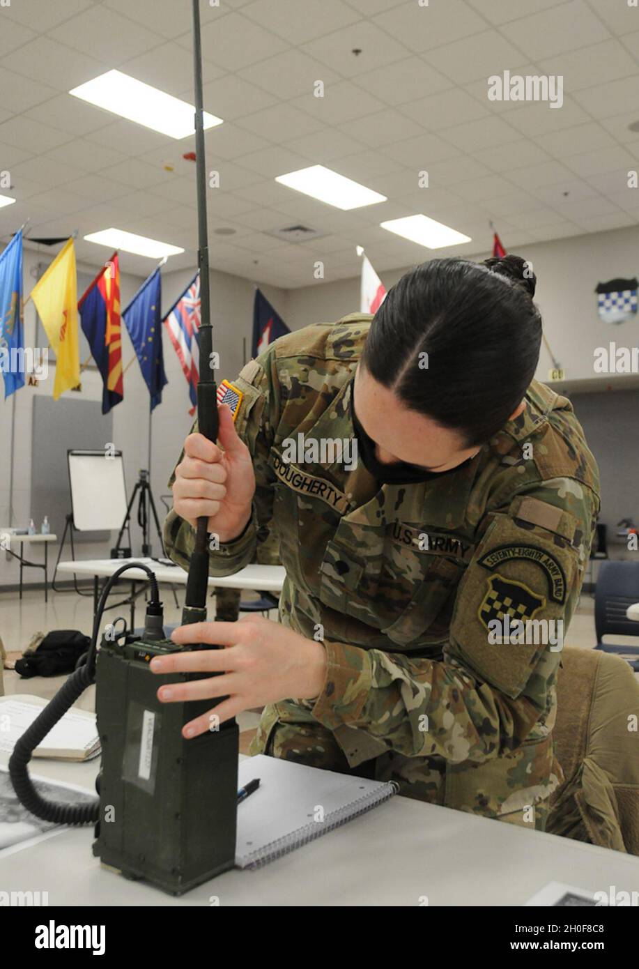 Spc. Kathleen Dougherty of the 99th Readiness Division's 78th Army Band participates in the division's FY21 Best Warrior Competition Train-Up event Feb. 22-26 at Joint Base McGuire-Dix-Lakehurst, New Jersey. The event will prepare Soldiers for the upcoming Combined Readiness Division BWC by improving their depth of knowledge and proficiency in military skills in a competitive tactical environment. Further, it promotes and sustains a culture of excellence, leadership, individual readiness and team-building within the command. Stock Photo