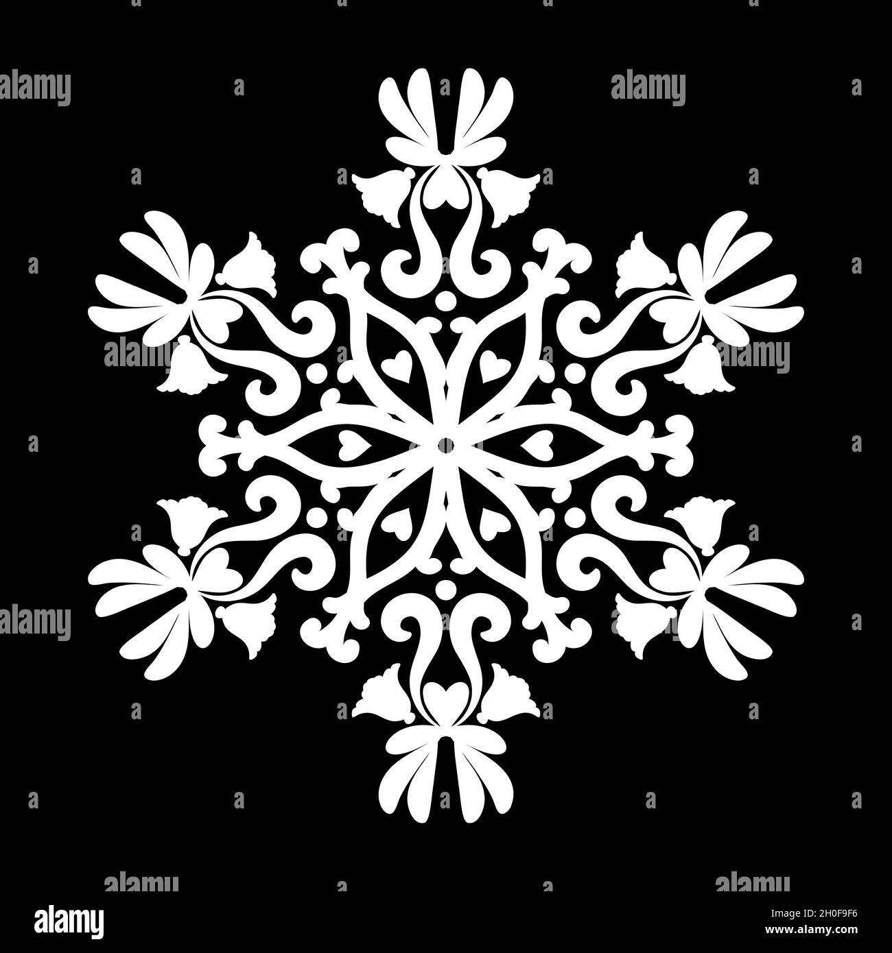 Floral patterned mandala. White round ornament like a snowflake on a black background. Black and white. Mehndi patterns. For fabric, wallpaper Stock Vector