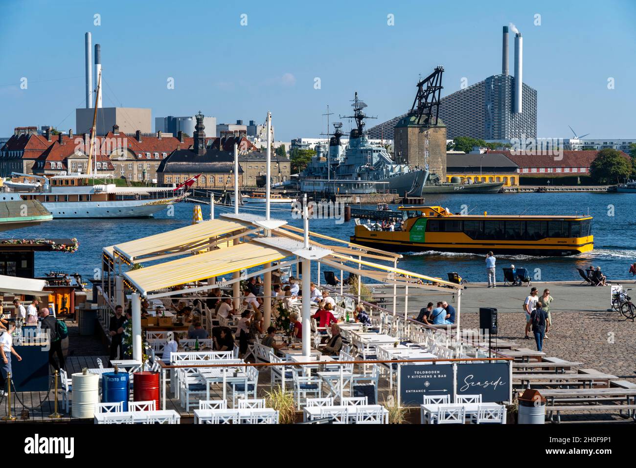 Pier, shore at Nordre Toldbod, restaurant, terrace Seaside Toldboden, harbour, at Langelinie Park, Copenhagen, Denmark, Stock Photo