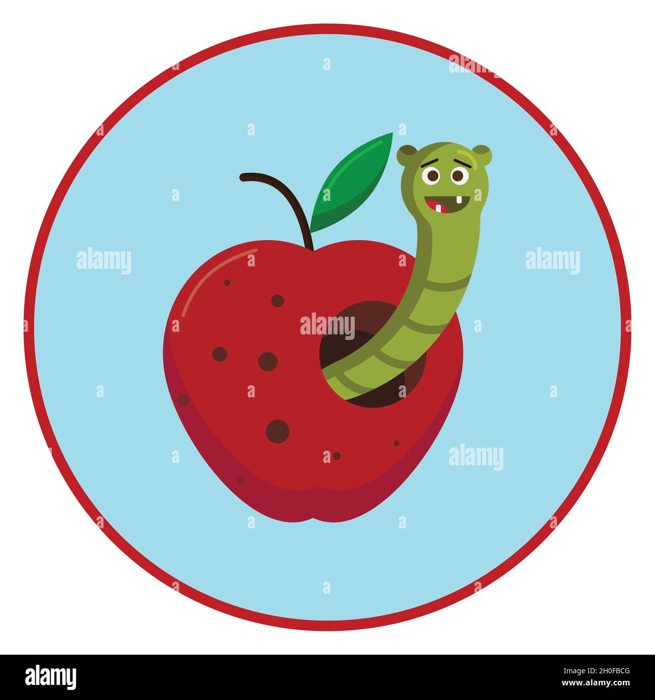 Worm in an apple round sticker label flat design Stock Vector