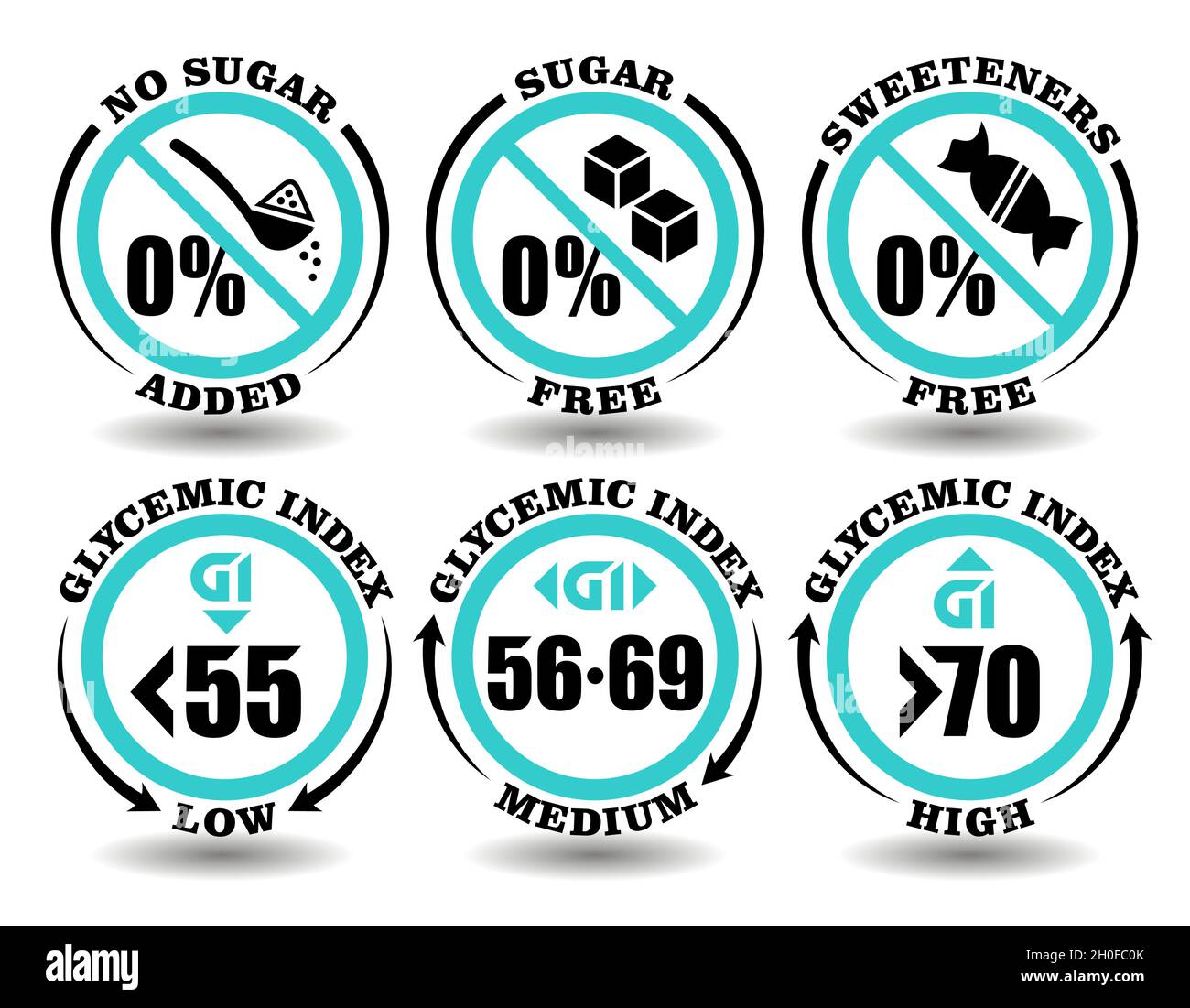 Concept sign set of round icons Sugar Free meal, Sweetener Free food, No Sugar Added product. Low, medium, high glycemic index diet for packaging of h Stock Vector