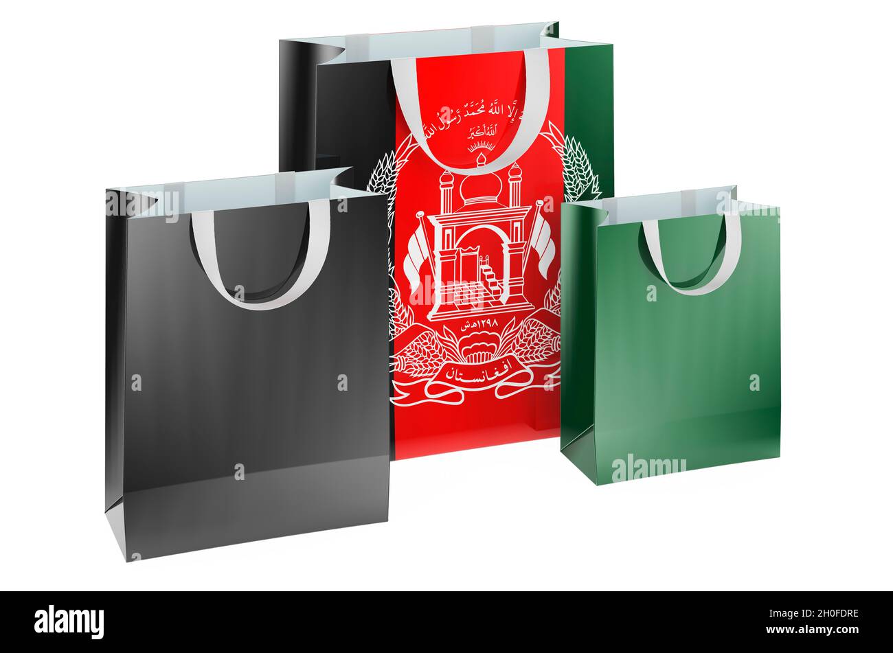 Shopping bags with Afghan flag. Shopping in Afghanistan, concept. 3D rendering isolated on white background Stock Photo