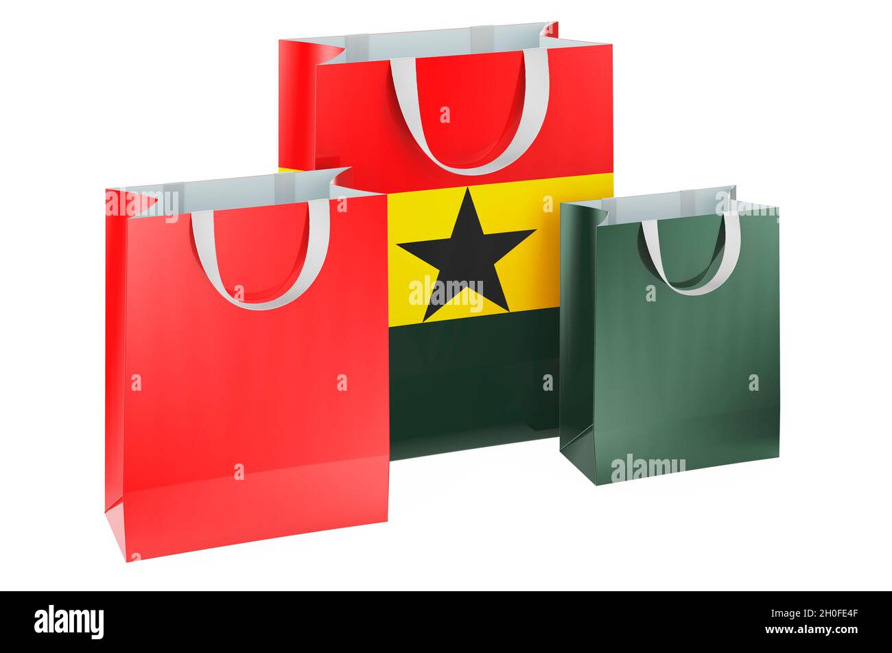 Shopping bags with Ghanaian flag. Shopping in Ghana, concept. 3D