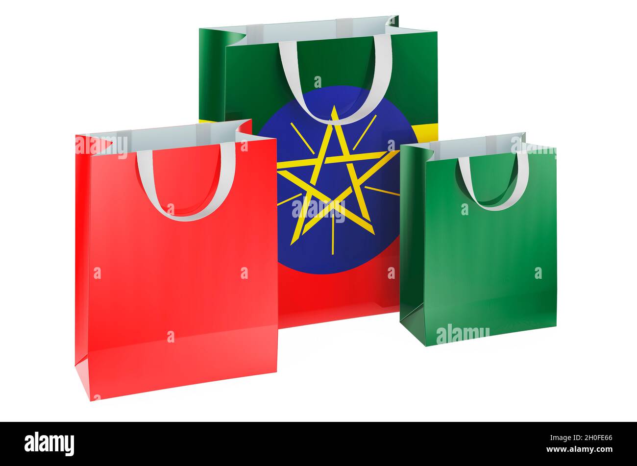 Shopping bags with Ethiopian flag. Shopping in Ethiopia, concept. 3D rendering isolated on white