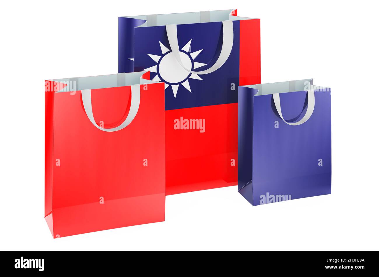 Shopping bags with Taiwanese flag. Shopping in Taiwan, concept. 3D rendering isolated on white