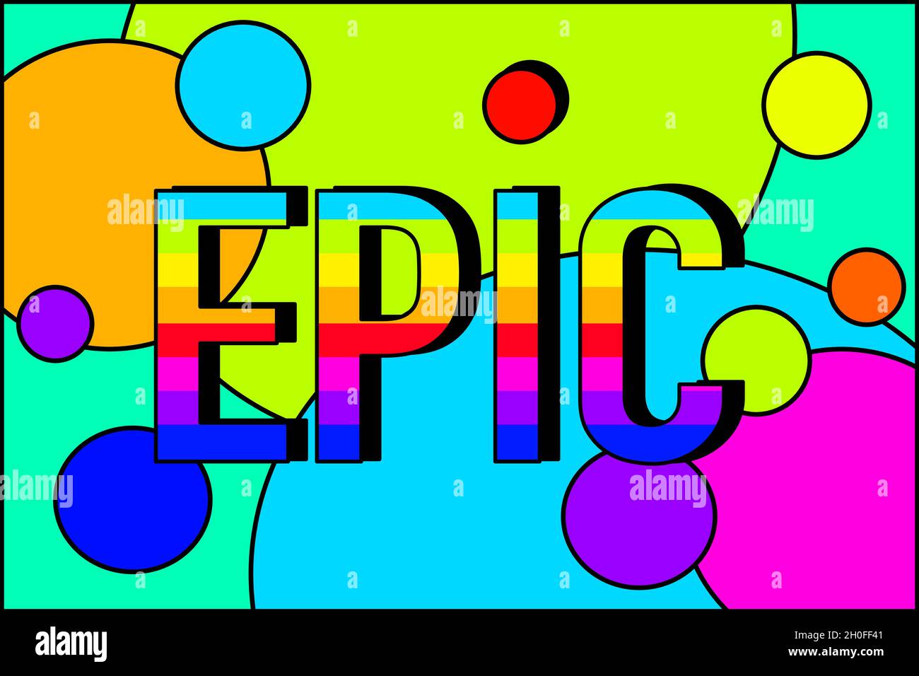 Brightly colored graphic word art, pop art design in retro neon 80's